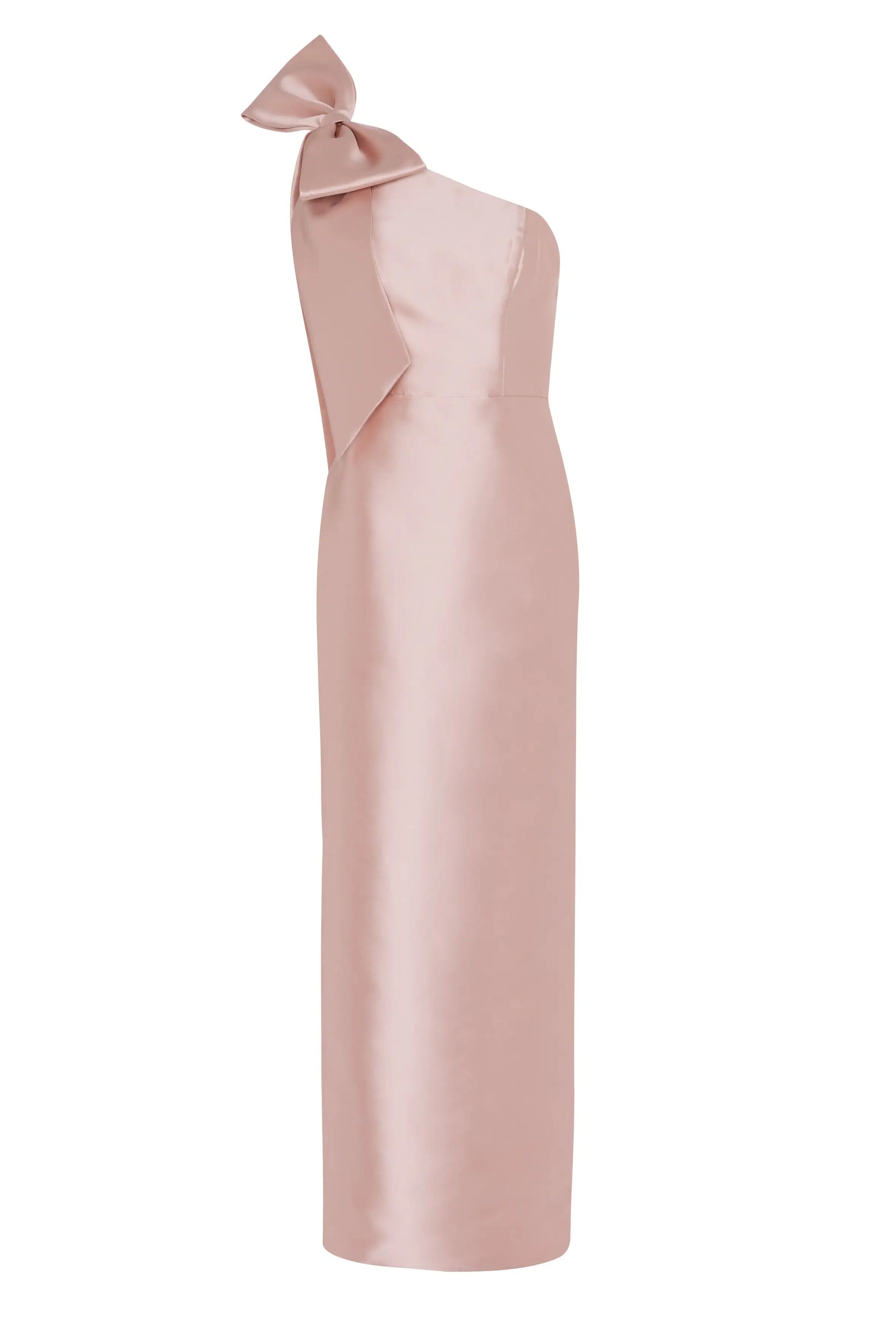 The TH&TH Ritz Bridesmaid Dress in Blush Pink Satin Twill features a fitted silhouette, an asymmetric one-shoulder design, and a large statement shoulder bow for an elegant look.