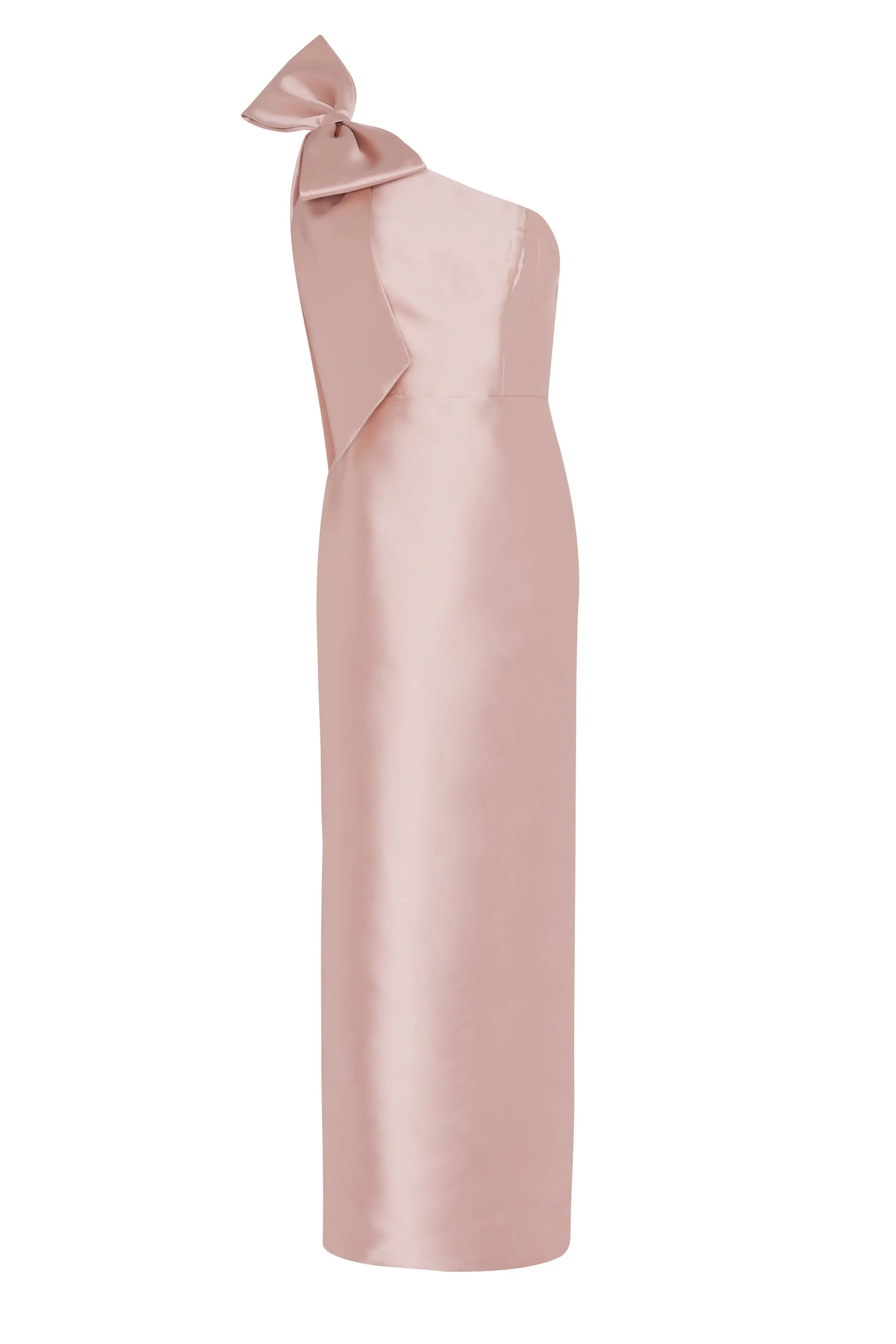 The TH&TH Ritz Bridesmaid Dress in Blush Pink Satin Twill features a fitted silhouette, an asymmetric one-shoulder design, and a large statement shoulder bow for an elegant look.