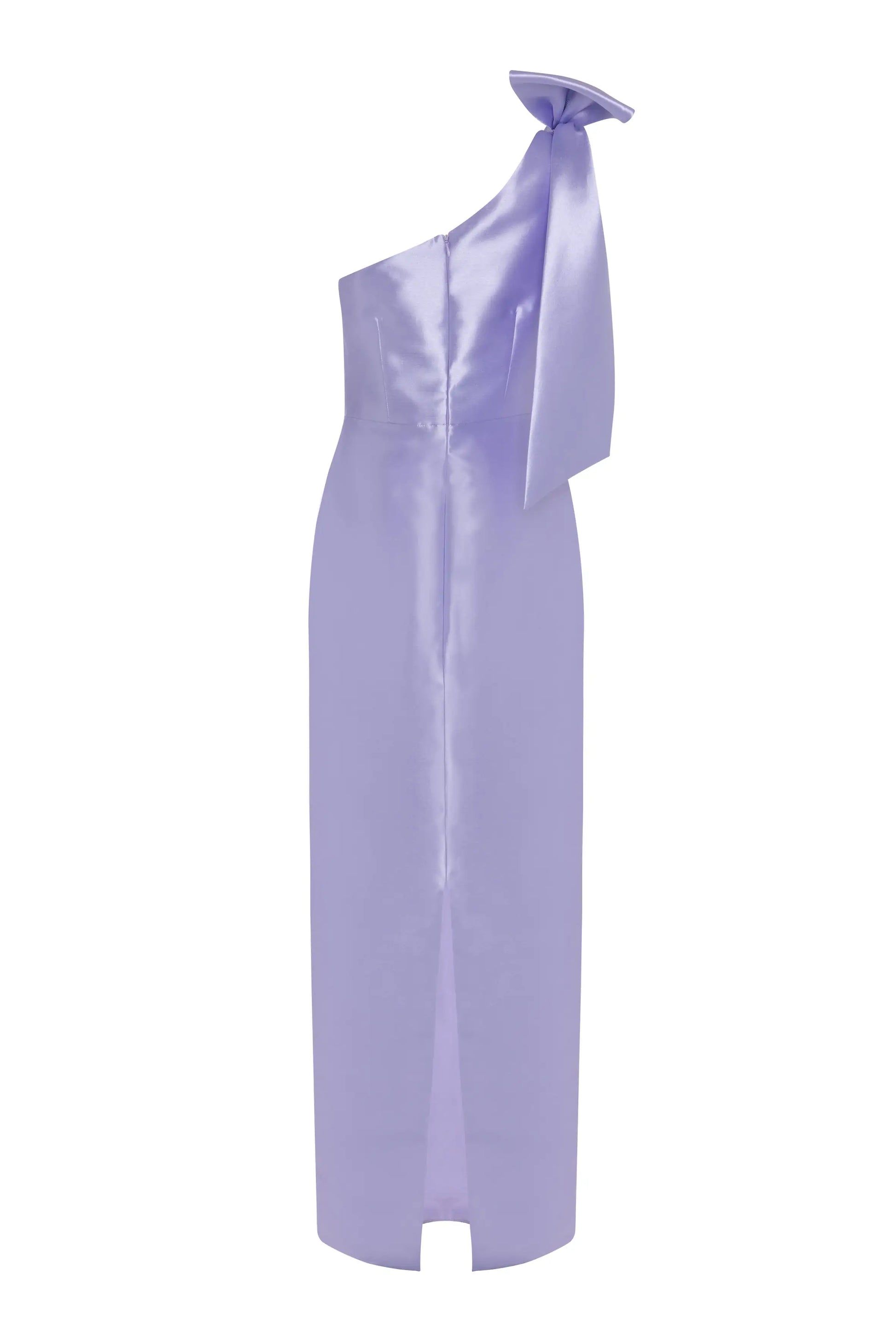The TH&TH Ritz Bridesmaid Dress in Lilac Mist Satin Twill features a sleeveless, fitted silhouette with an asymmetrical one-shoulder neckline, statement shoulder bow, and a front hem slit.