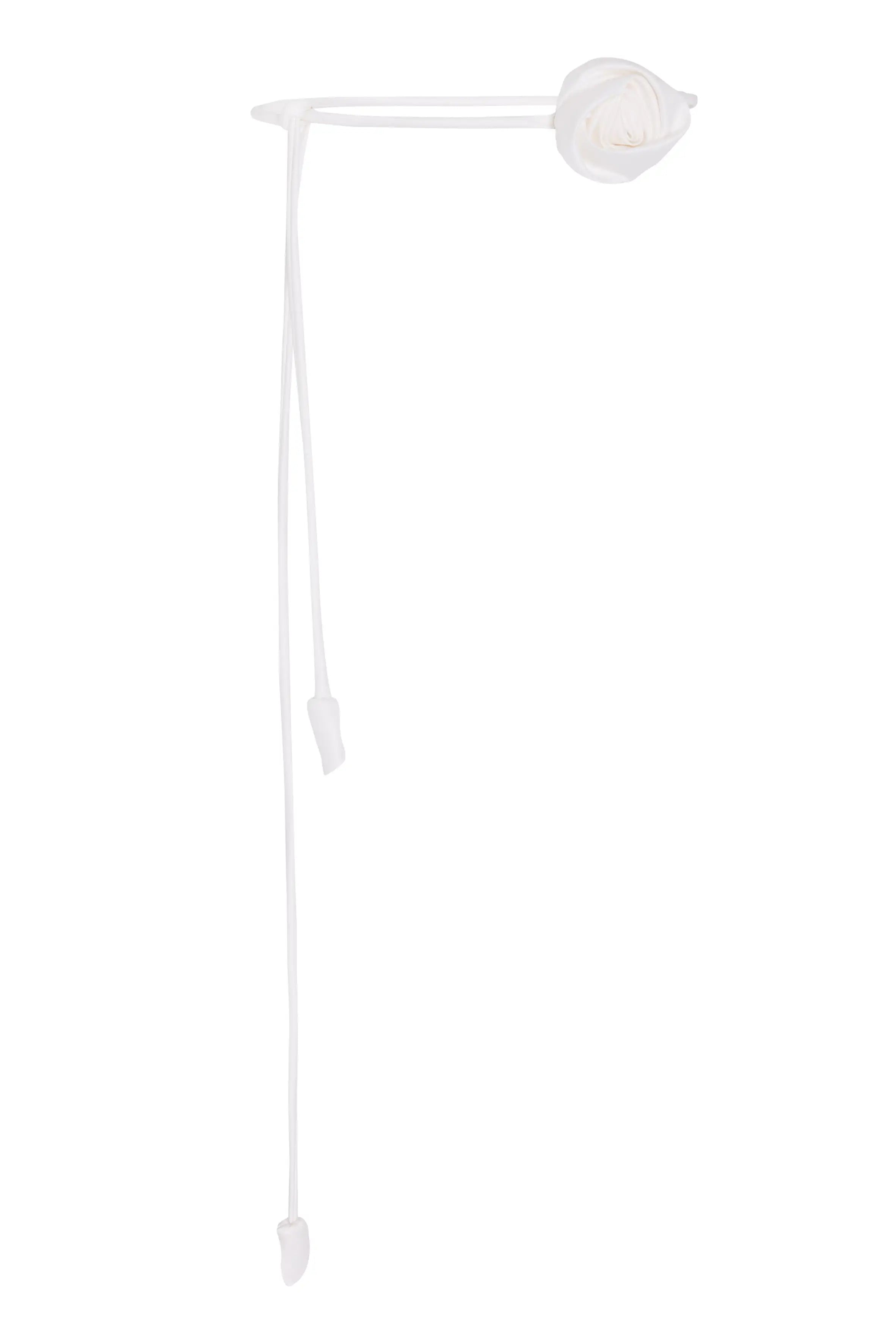 The TH&TH Rose Corsage features a white Liquid Satin rose on a slender white cord with fabric ends, set against a plain backdrop—a refined satin accessory ideal for bridesmaids.