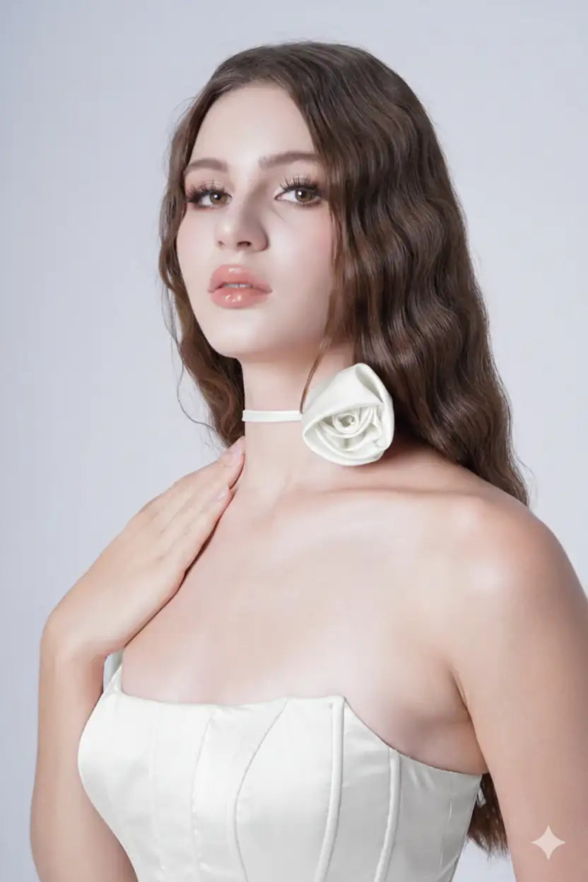 A woman with long, wavy brown hair wears the TH&TH Rose Corsage in Ivory Matt Satin as a choker and pairs it with a white satin strapless top, posing with one hand on her collarbone against a plain light background.