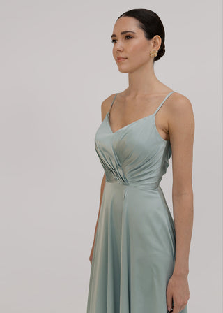 TH&TH Isla bridesmaid dress in dusty eucalyptus satin detail view