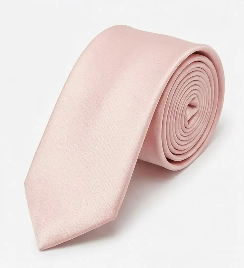 The TH&TH Satin Tie in pale pink features a smooth, satin-like finish and comes neatly rolled, ideal for complementing bridesmaid dresses at wedding parties. Displayed on a plain white background.
