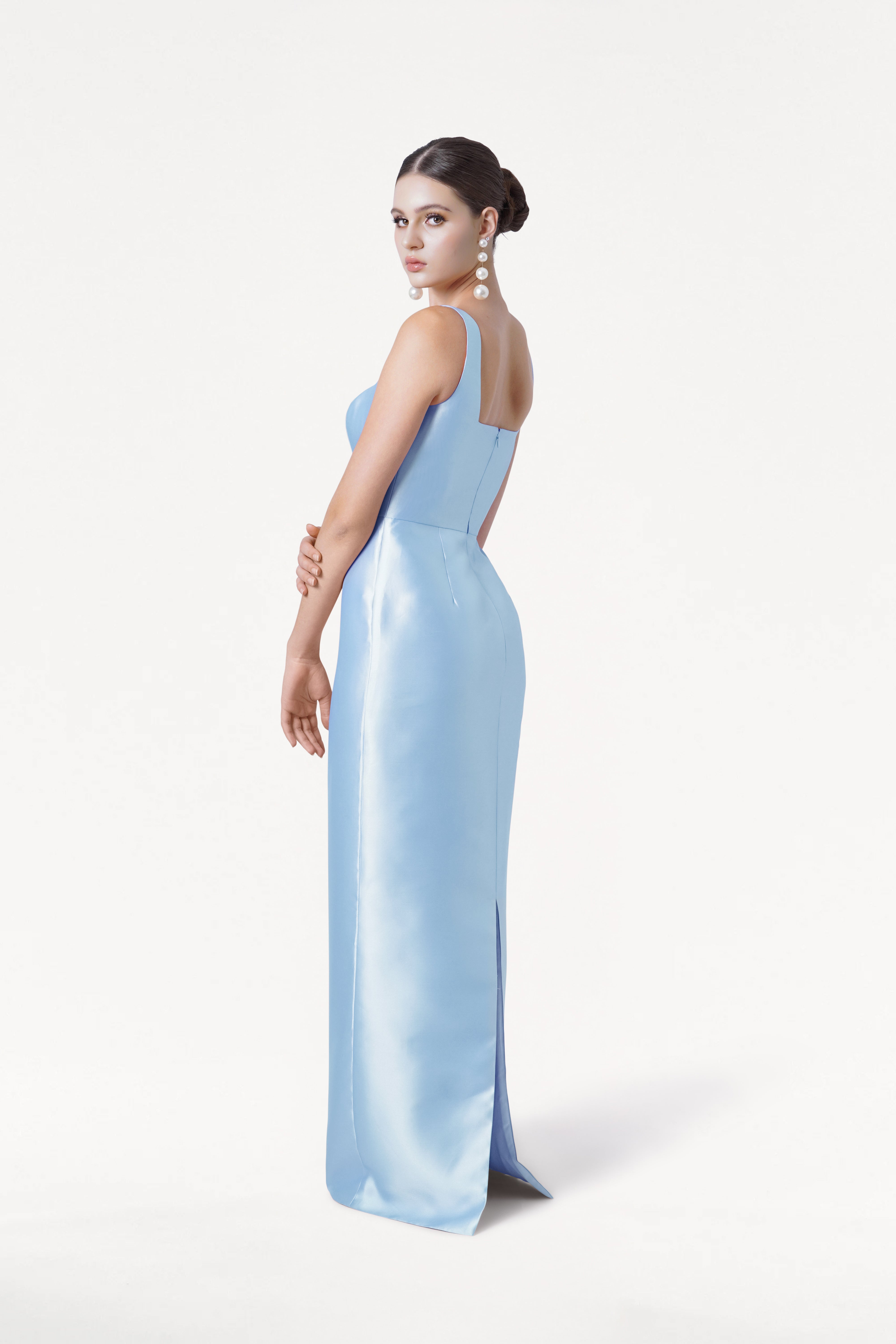 Savoy Bridesmaid Dress in Frosted Blue Satin Twill