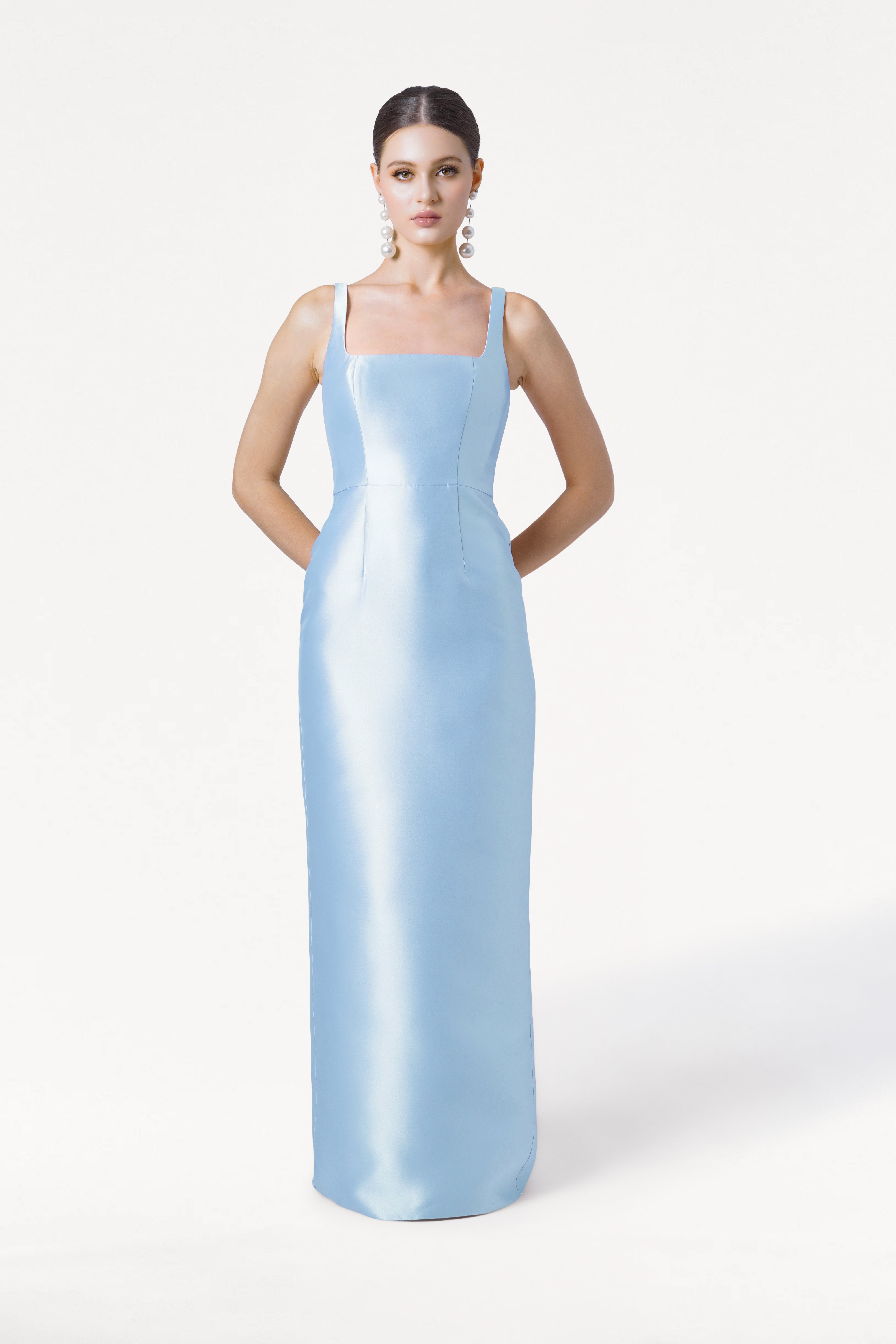 Savoy Bridesmaid Dress in Frosted Blue Satin Twill