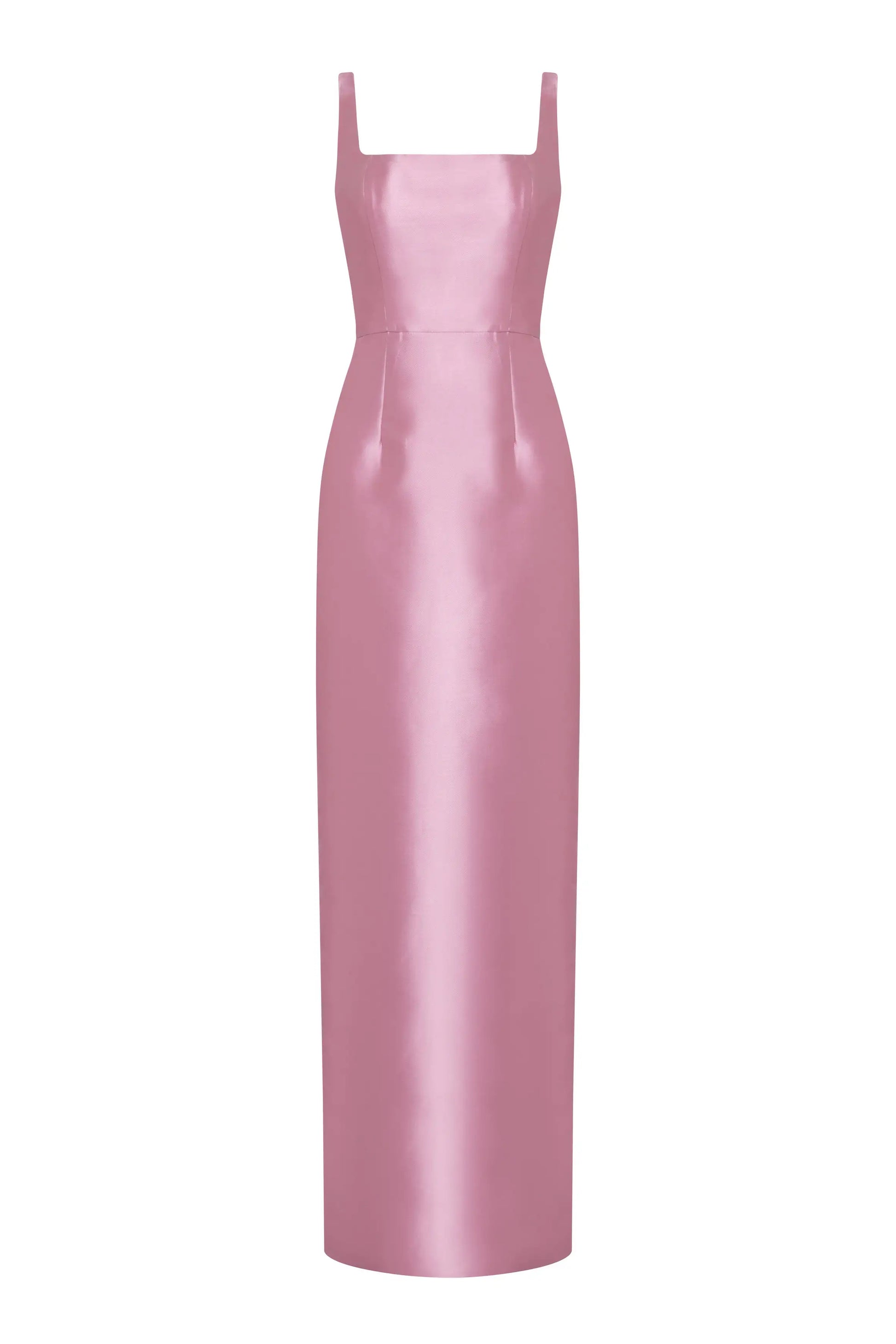 The TH&TH Savoy Bridesmaid Dress in Bubblegum Pink Satin Twill is a floor-length, sleeveless gown with a square neckline and fitted bodice, shown on a white background.