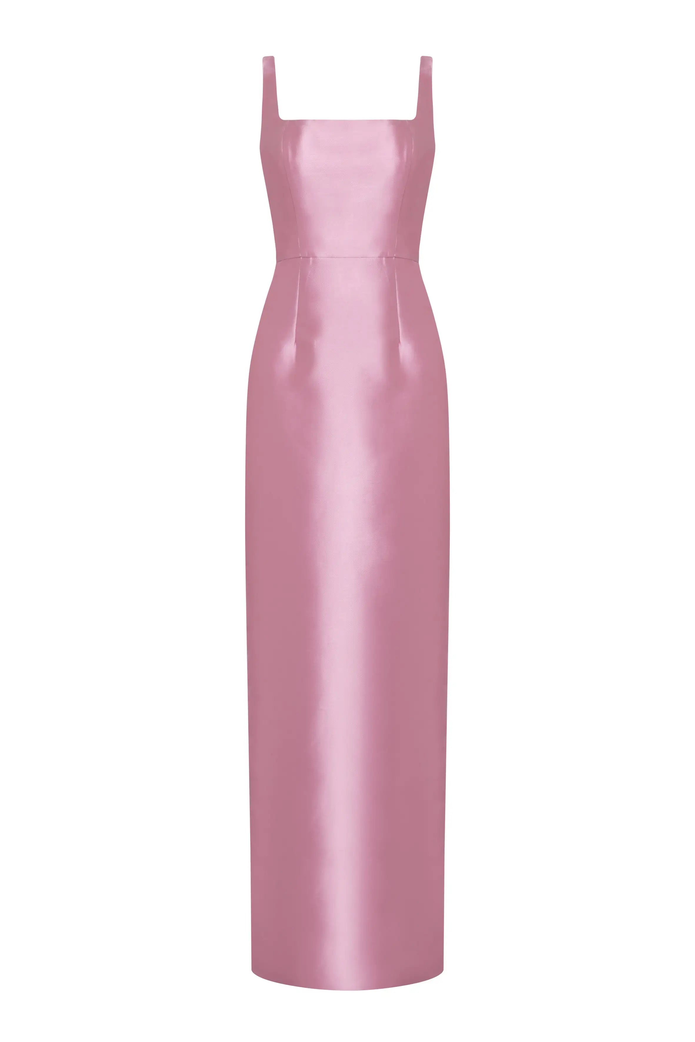 The TH&TH Savoy Bridesmaid Dress in Bubblegum Pink Satin Twill is a floor-length, sleeveless gown with a square neckline and fitted bodice, shown on a white background.