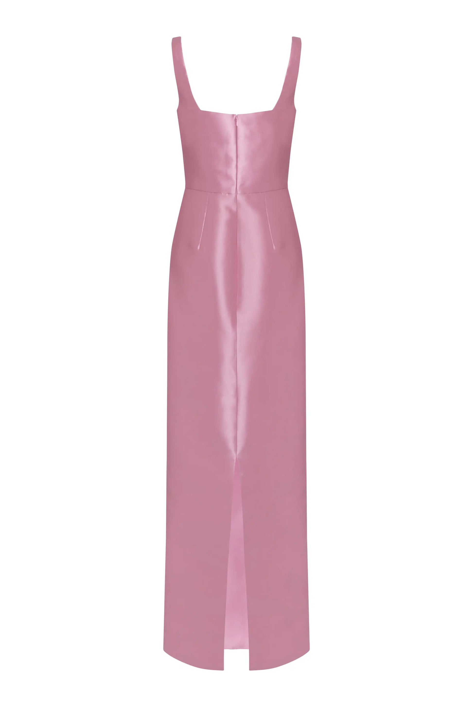 The Savoy Bridesmaid Dress by TH&TH in bubblegum pink satin twill is a sleeveless, floor-length gown with a square neckline, fitted bodice, front slit, and back zipper—ideal for a chic minimalist bridal party look.
