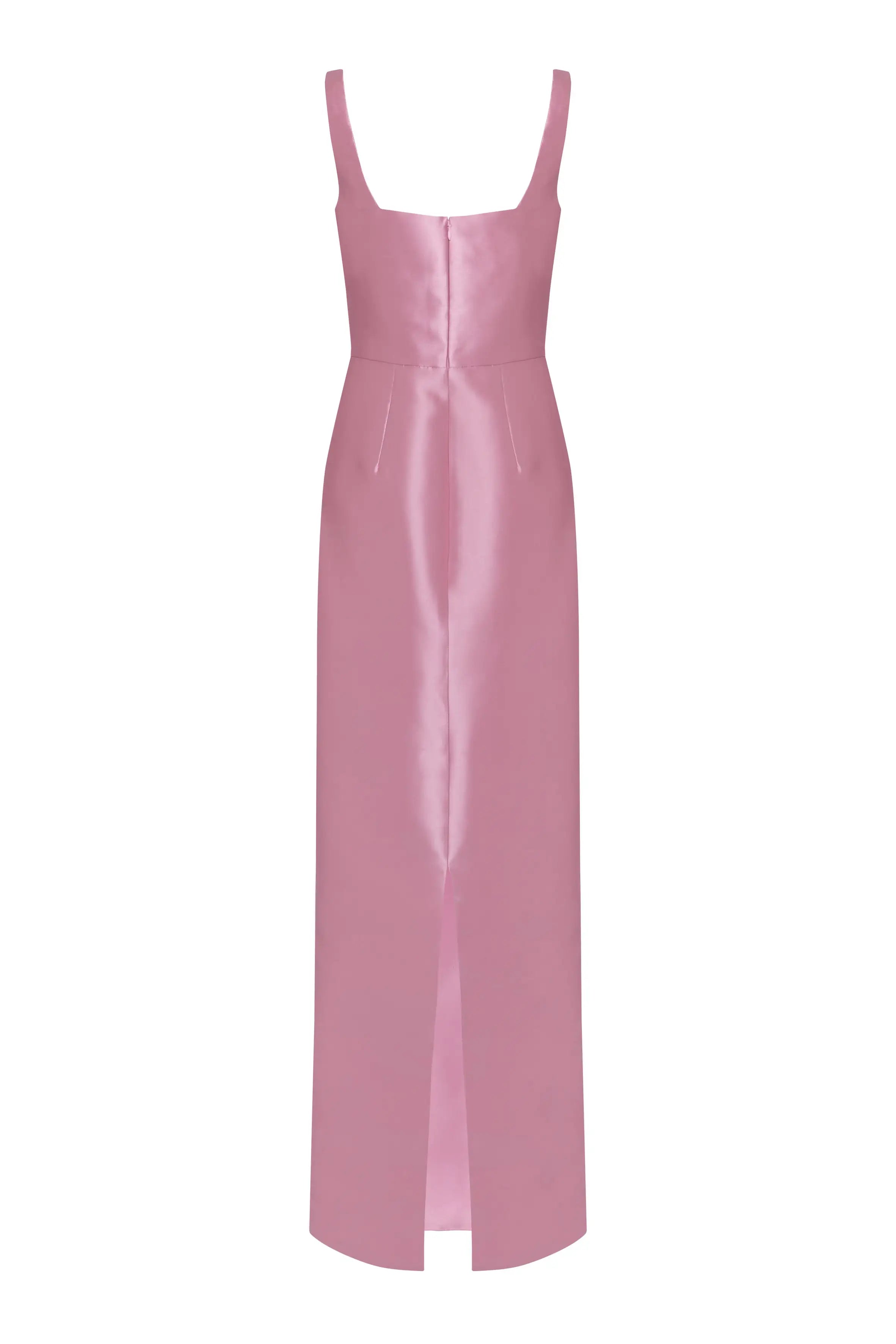 The Savoy Bridesmaid Dress by TH&TH in bubblegum pink satin twill is a sleeveless, floor-length gown with a square neckline, fitted bodice, front slit, and back zipper—ideal for a chic minimalist bridal party look.