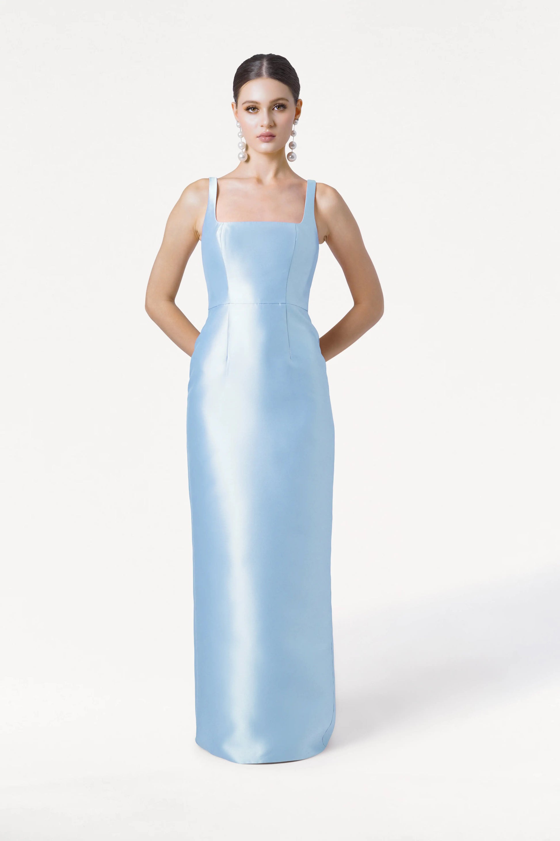 Savoy Bridesmaid Dress in Frosted Blue Satin Satin Twill
