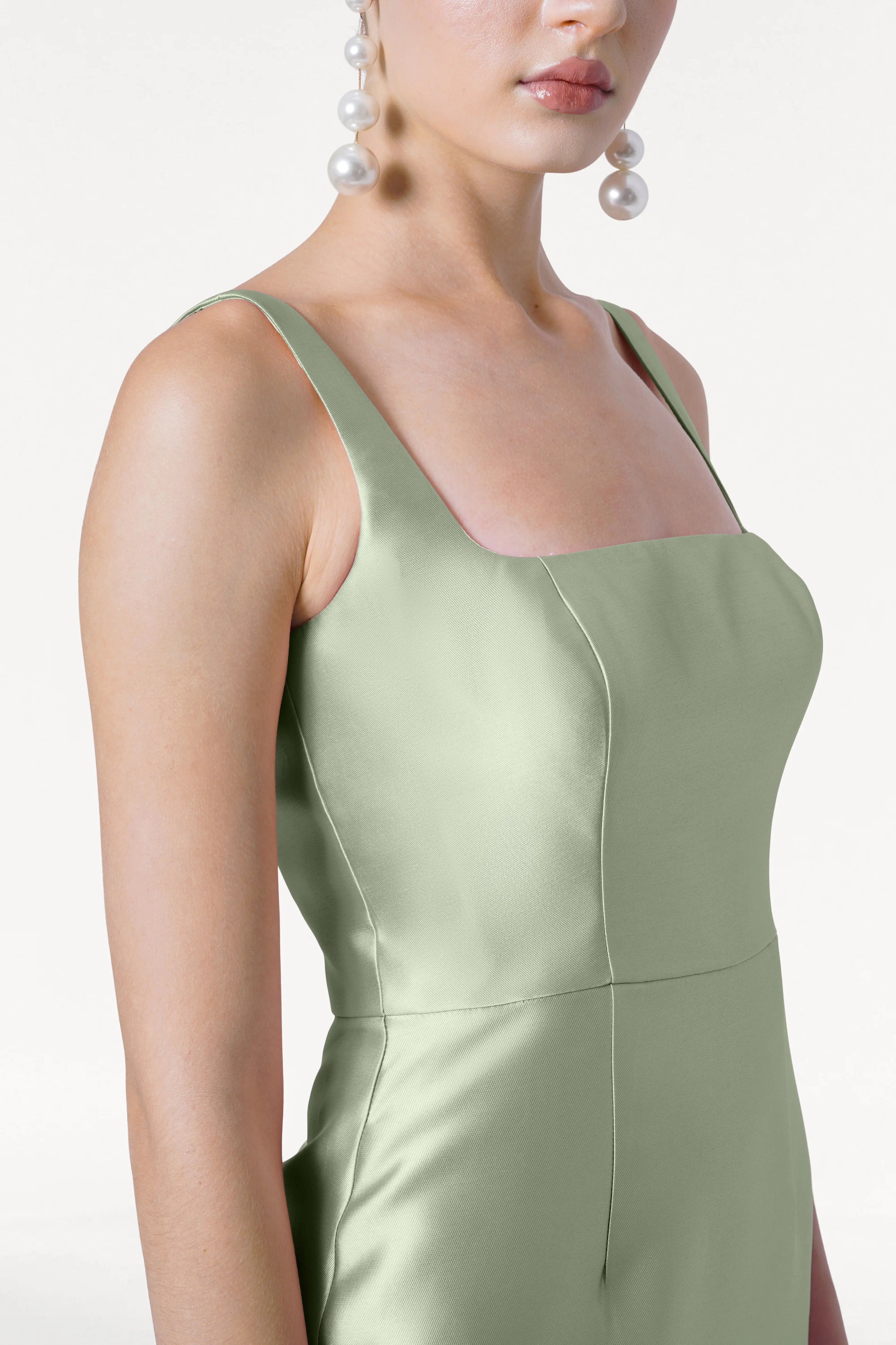 Savoy Bridesmaid Dress in Sage Green Satin Twill