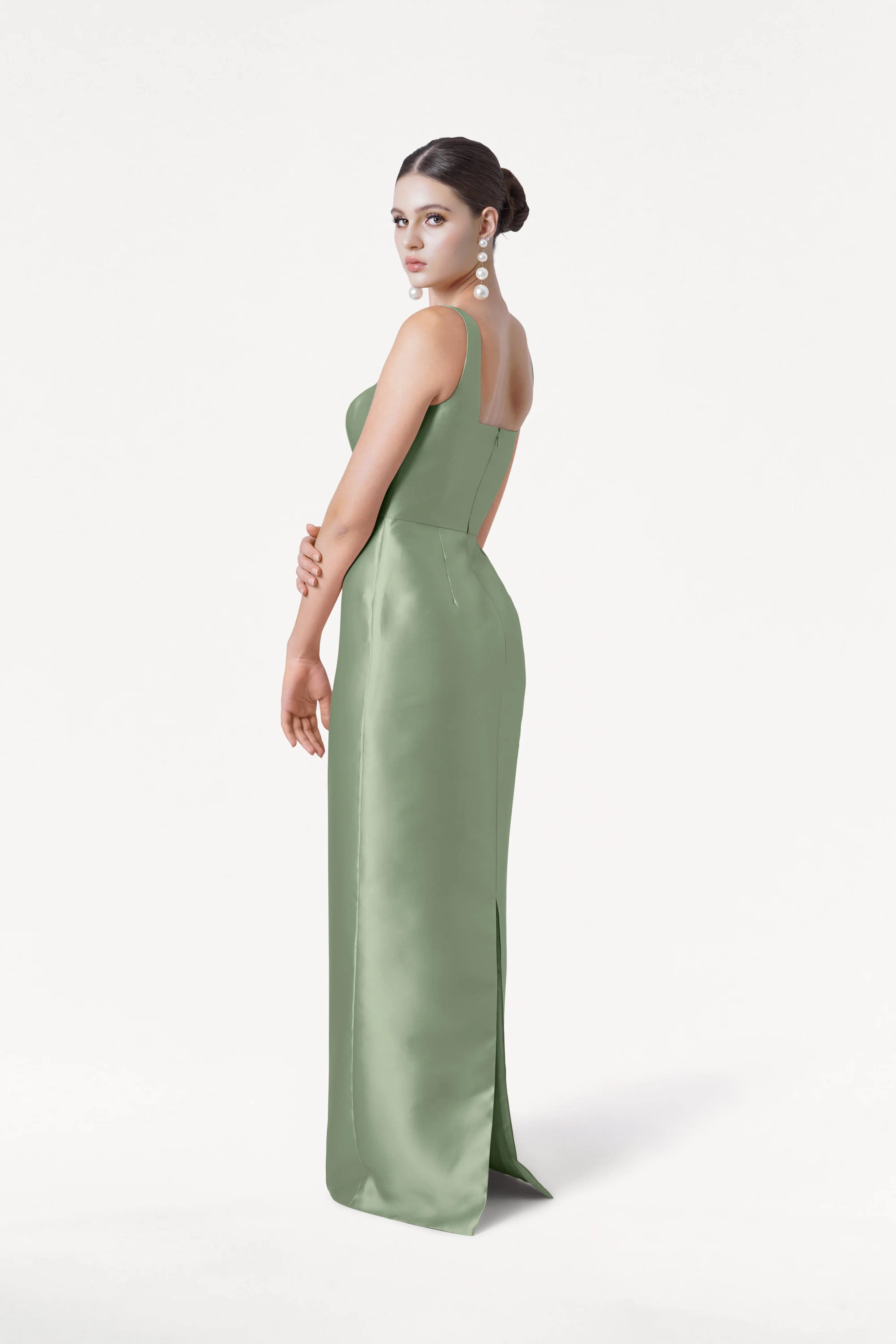 Savoy Bridesmaid Dress in Sage Green Satin Twill