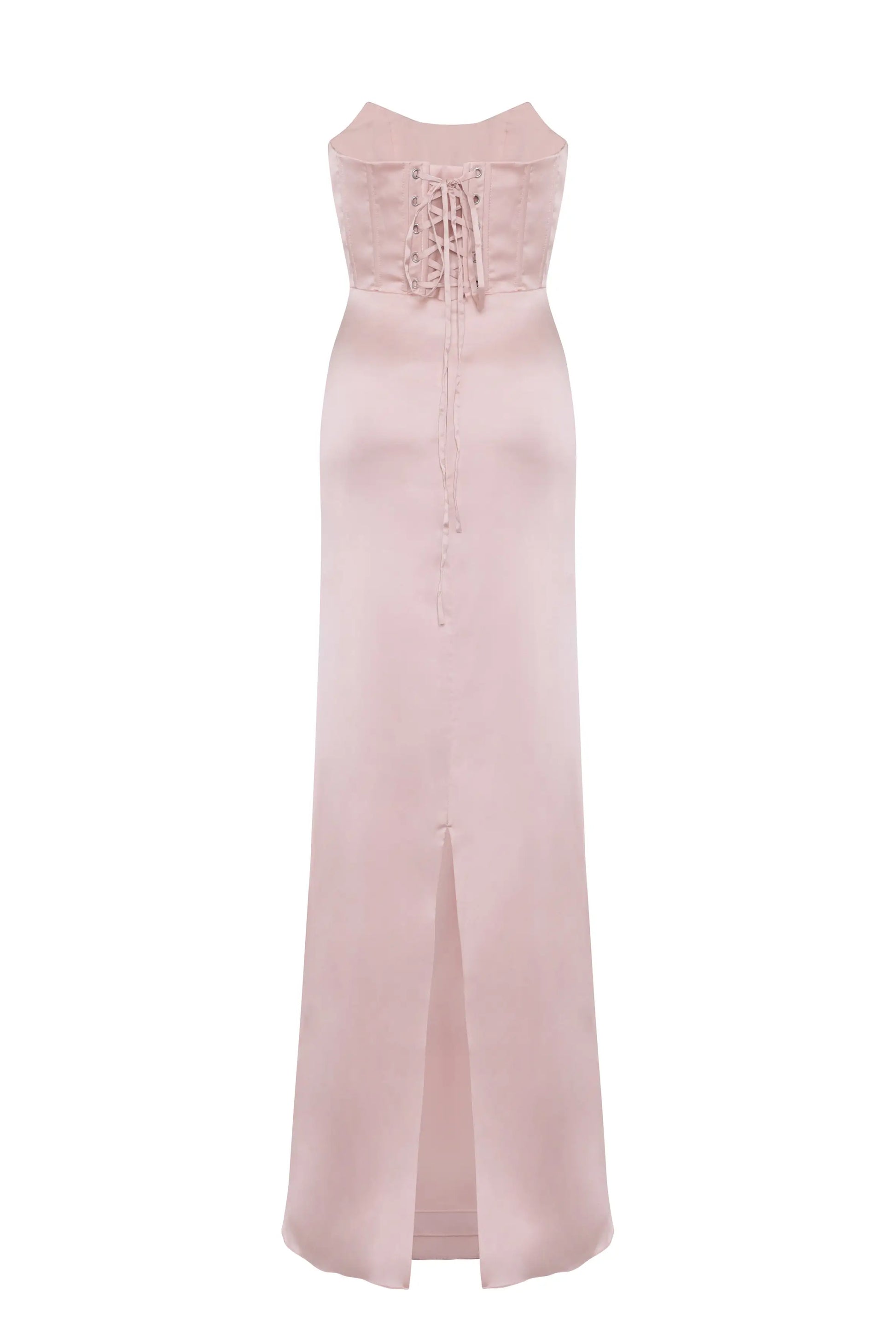 The Selena Bridesmaid Dress in Blush Pink Satin by TH&TH offers a size-inclusive fit, with a lace-up corset back and front hem slit for an elegant look.