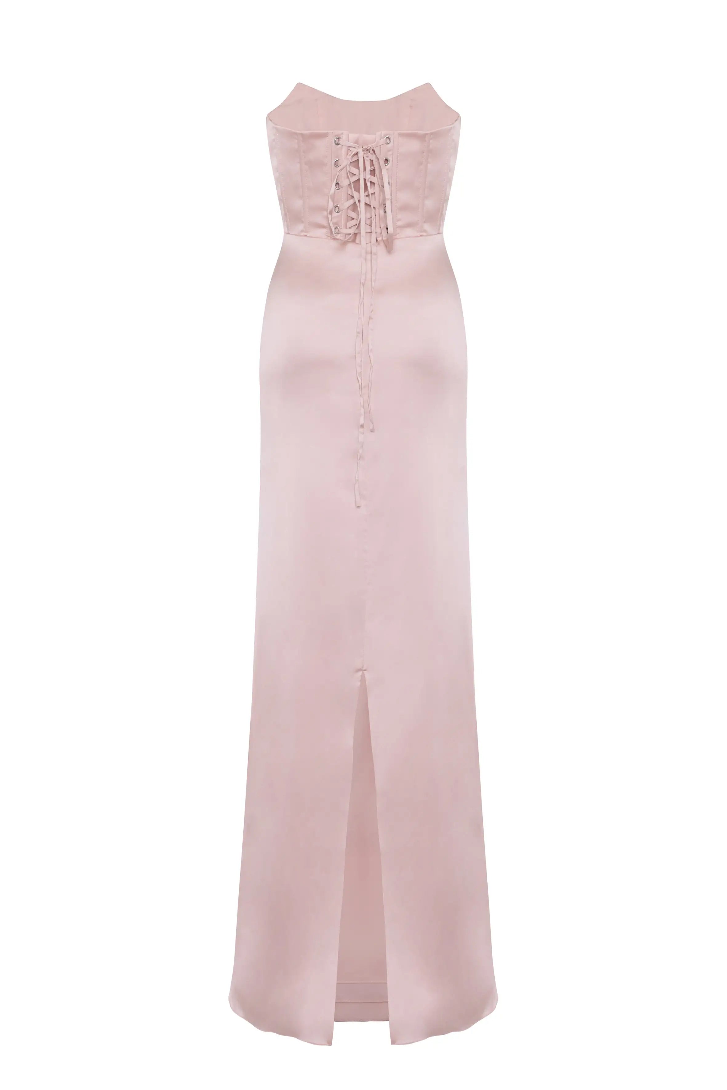 The Selena Bridesmaid Dress in Blush Pink Satin by TH&TH offers a size-inclusive fit, with a lace-up corset back and front hem slit for an elegant look.
