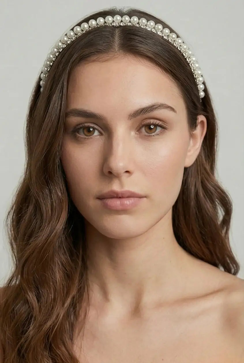 A woman with long brown wavy hair models the TH&TH Seraphine Crystal Headband, looking directly at the camera with a neutral expression against a plain, light background.