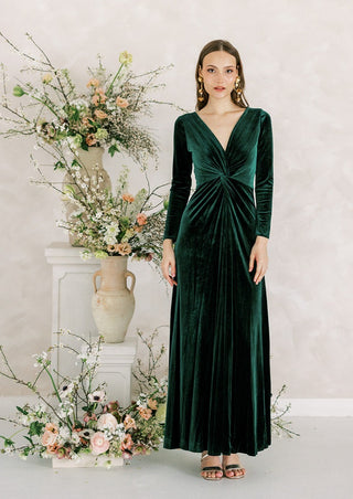Hunter green velvet bridesmaid dress with sleeves. Designed in the U.K.