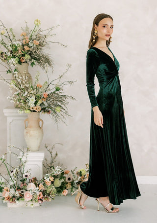 Hunter Green velvet bridesmaid dress with sleeves. Designed in the U.K.