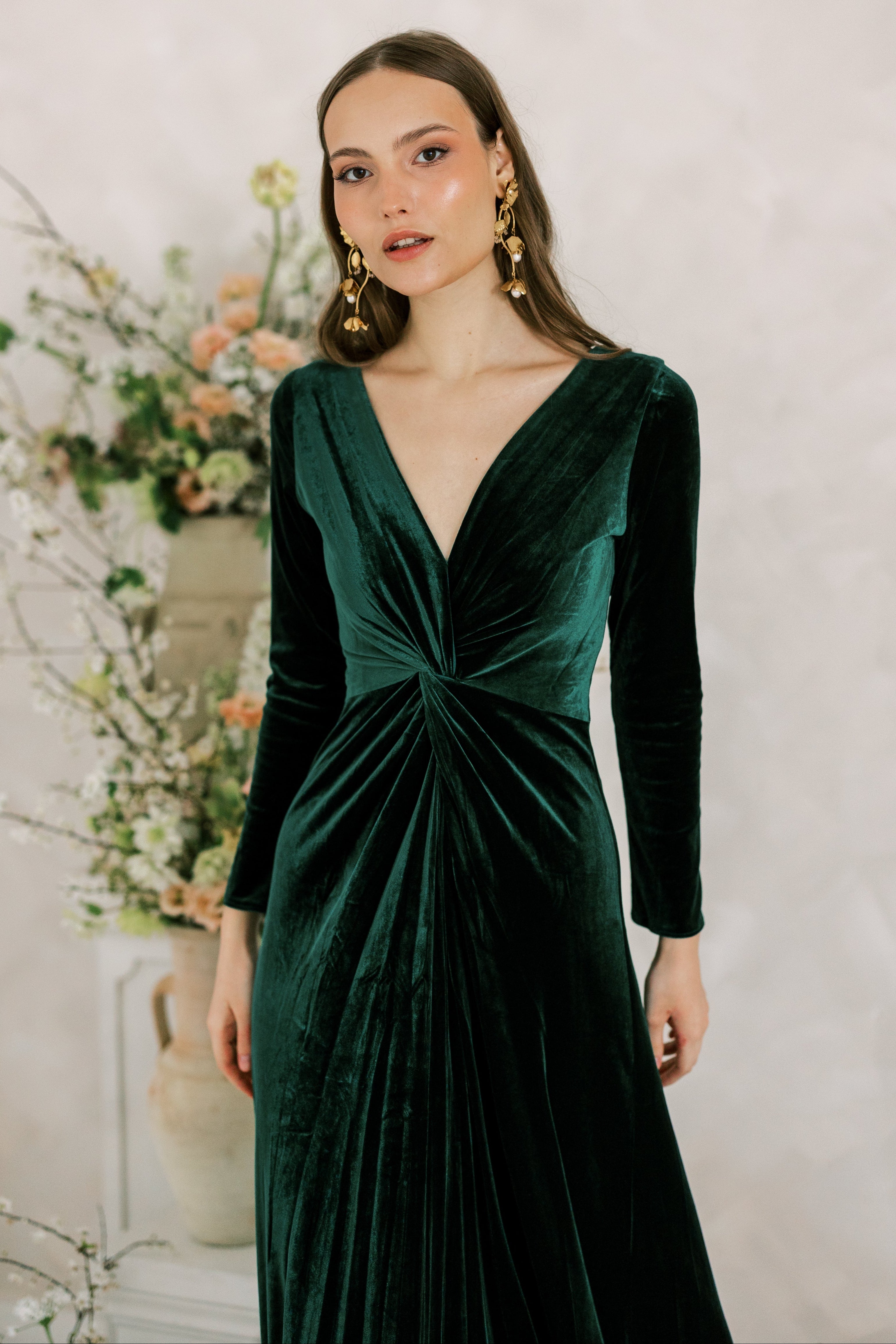 Camilla Velvet Long Sleeve Bridesmaid Dress in Forest Green
