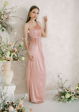 One shoulder blush pink satin maxi bridesmaids dress.