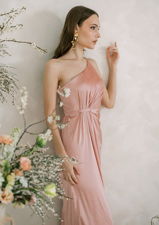 One shoulder blush pink satin maxi bridesmaids dress.
