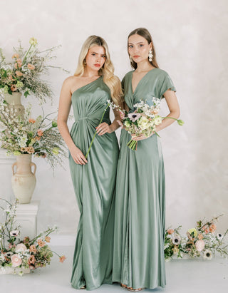 Asymmetric sage green satin bridesmaids dress. 