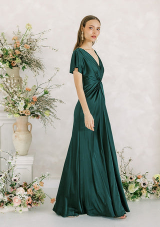 Emerald satin bridesmaid dress with sleeves. Designed in the U.K.