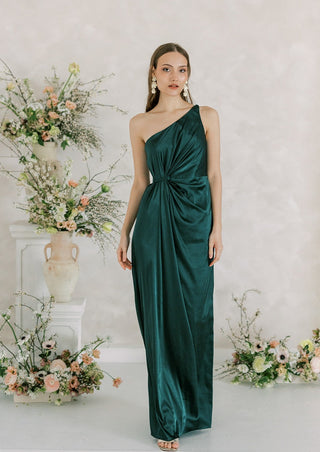 Emerald satin one shoulder bridesmaid dress. Designed in the U.K.