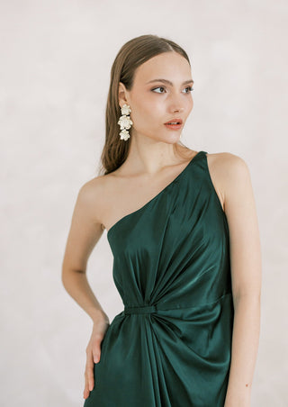 Emerald satin one shoulder bridesmaid dress. Designed in the U.K.