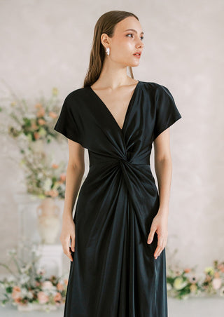 Black satin bridesmaid dress with sleeves. Designed in the U.K.