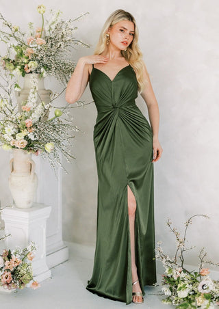 Olive green satin bridesmaid dress by TH&TH