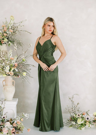 Olive green maxi satin bridesmaid dress by TH&TH