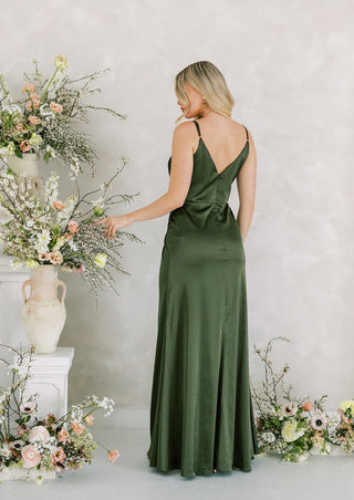 Olive green satin bridesmaid dress by TH&TH
