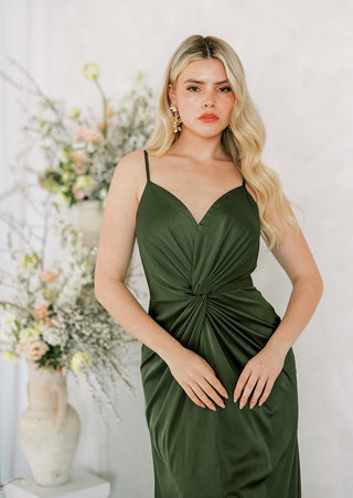 Olive green satin maxi bridesmaid dress by TH&TH