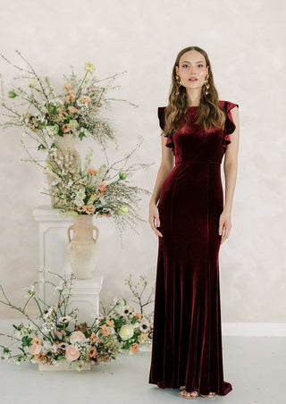 Burgundy velvet bridesmaid maxi dress. Designed in the U.K.