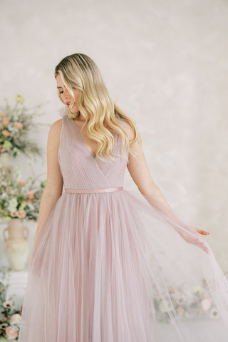 lilac tulle maxi bridesmaid dress.