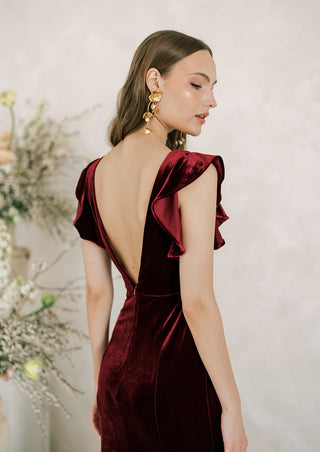 Burgundy velvet bridesmaid maxi dress. Designed in the U.K.
