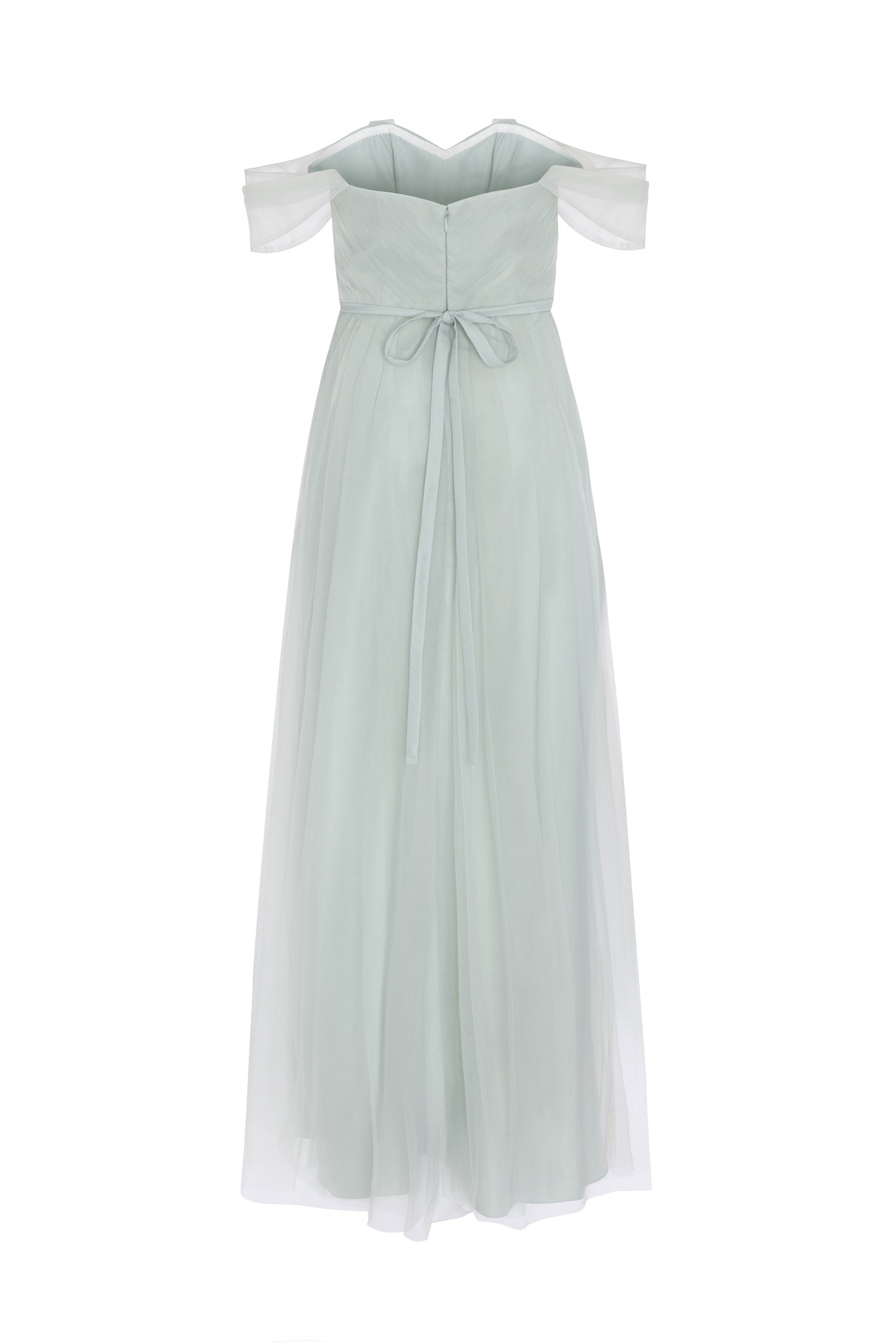 Light green off-shoulder gown on a white background by TH&TH 
