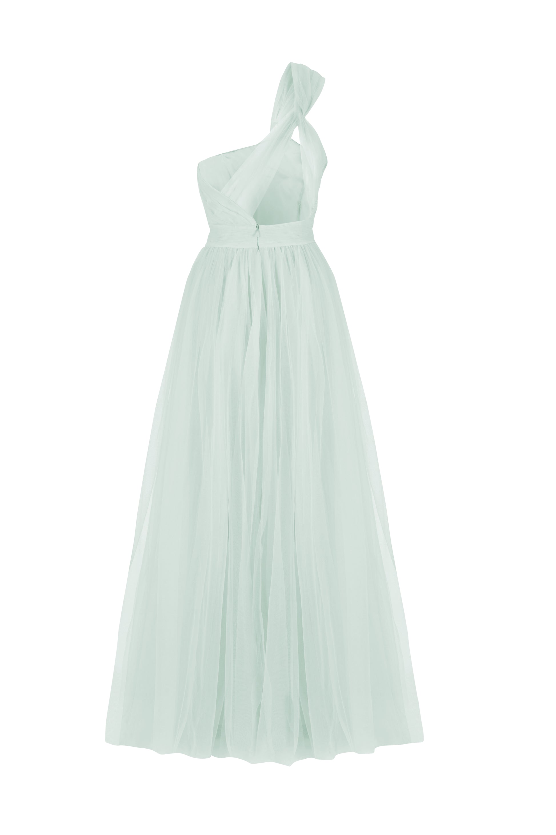 TH&TH static image of tulle green bridesmaid dress back view with cut out image. 