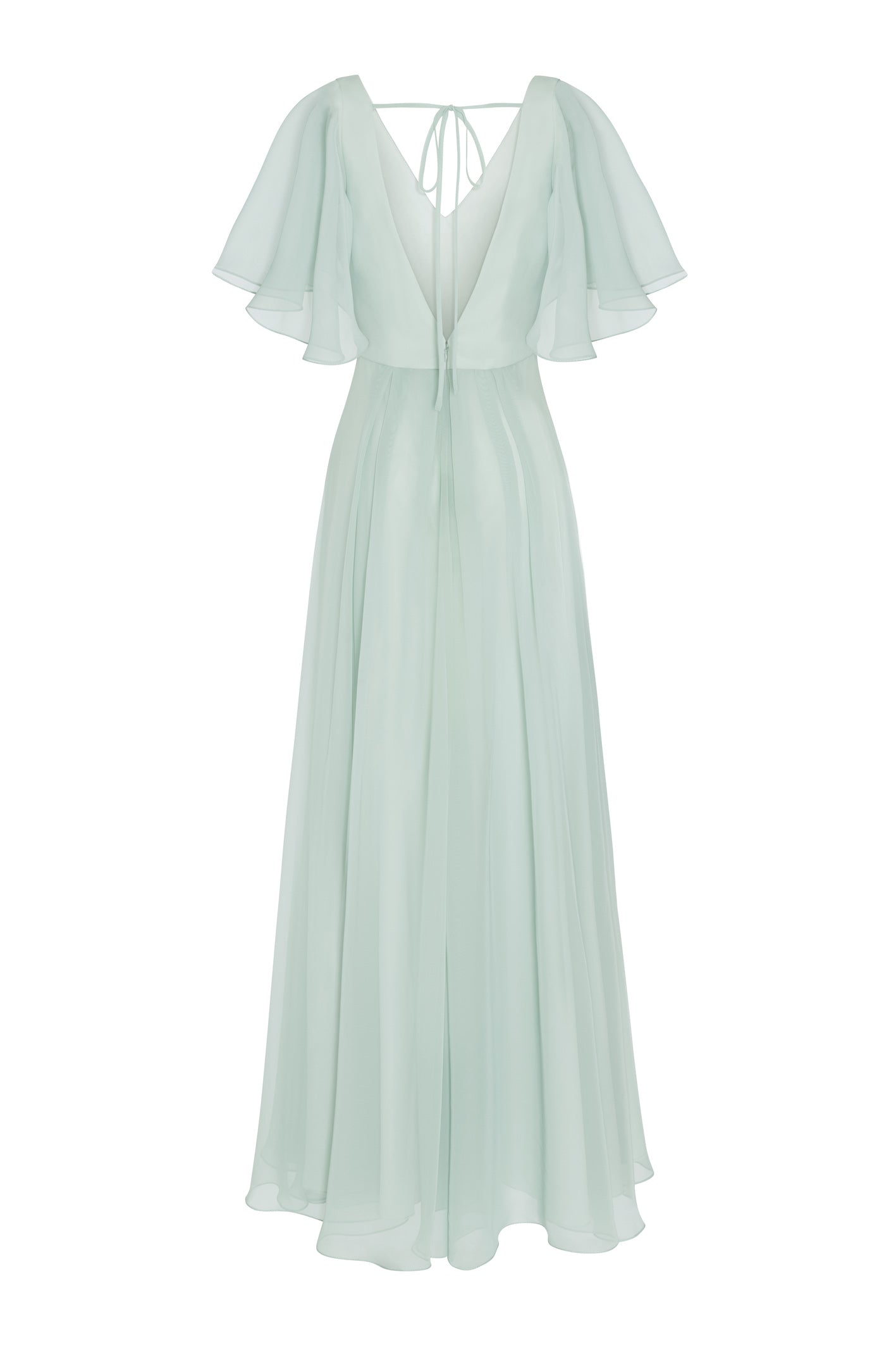 Light green evening gown with flutter sleeves , low v shape back on a white background