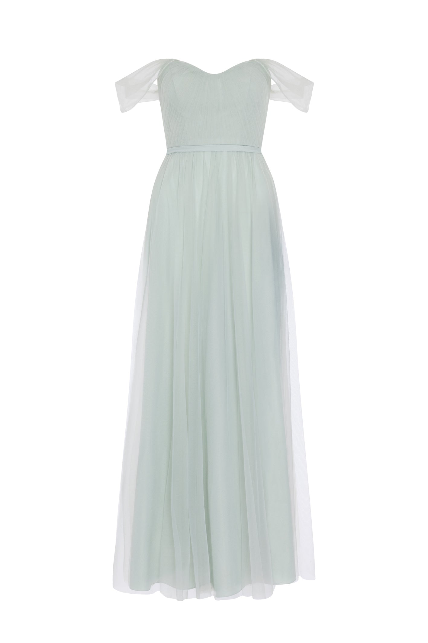 Light green bridesmaid dress front view with light bardot sleeves by TH&TH bridesmaids. 