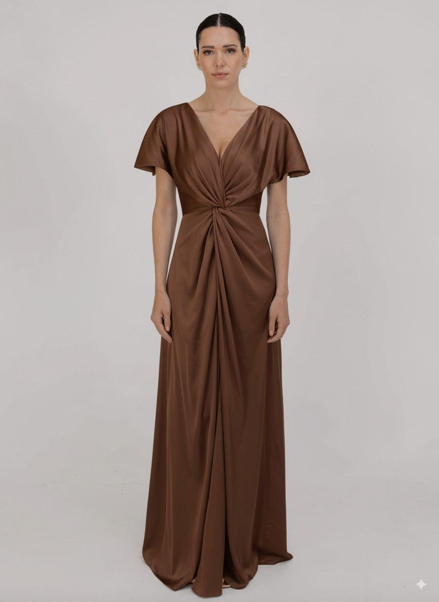 TH&TH Camilla Bridesmaid Dress In Chocolate Brown Satin Front View
