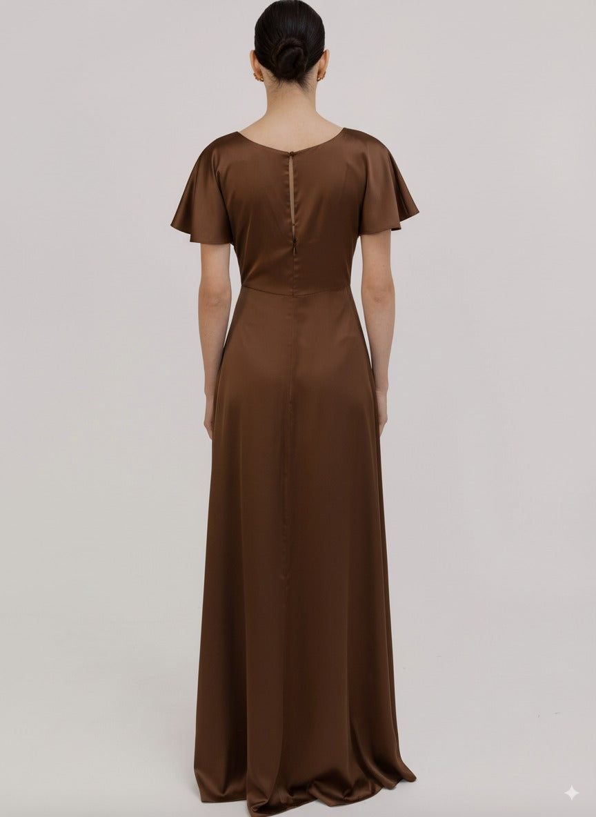 TH&TH Camilla Bridesmaid Dress In Chocolate Brown Satin Front View