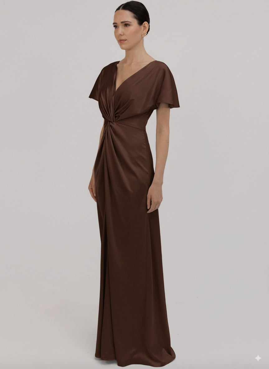 TH&TH Camilla Bridesmaid Dress In Chocolate Brown Satin Front View