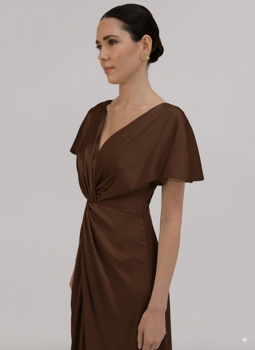 TH&TH Camilla Bridesmaid Dress In Chocolate Brown Satin Front View