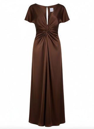 TH&TH Camilla Bridesmaid Dress In Chocolate Brown Satin Front View