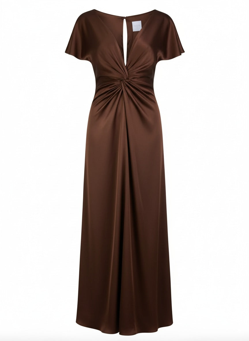 TH&TH Camilla Bridesmaid Dress In Chocolate Brown Satin Front View