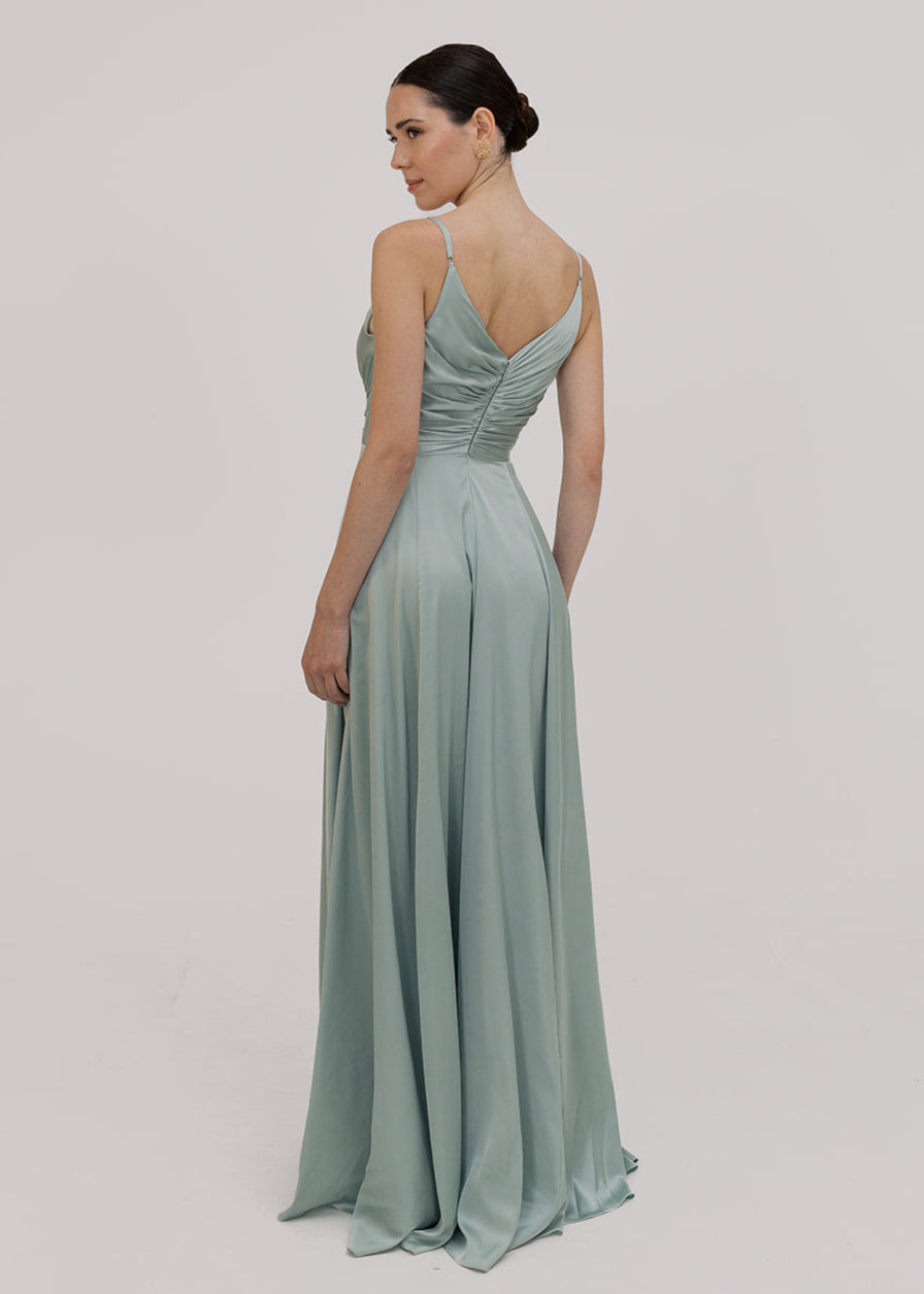 TH&TH Isla bridesmaid dress in dusty eucalyptus satin back view
