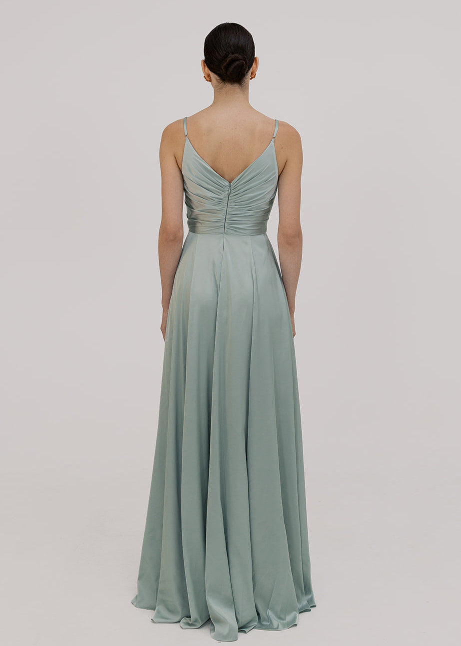 TH&TH Isla bridesmaid dress in dusty eucalyptus satin back view