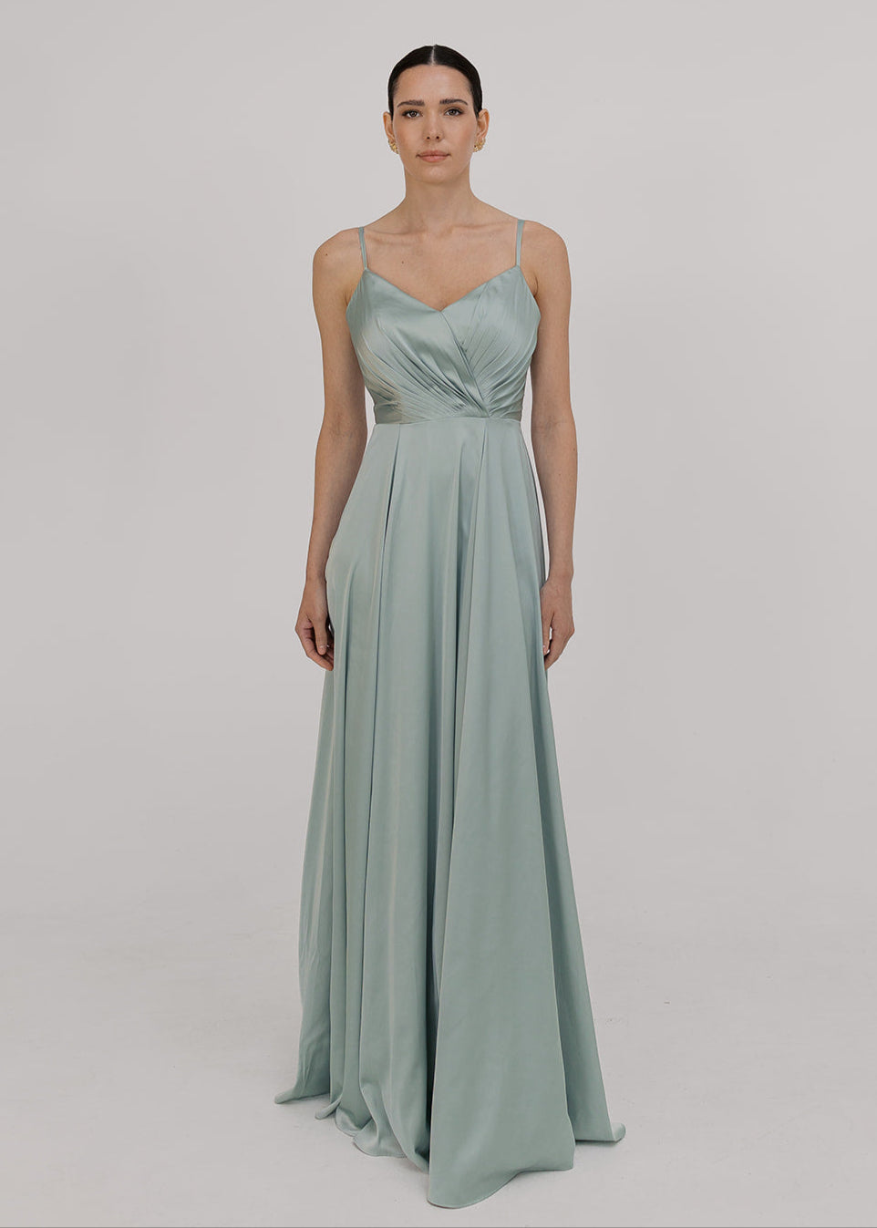 TH&TH Isla bridesmaid dress in dusty eucalyptus satin front view