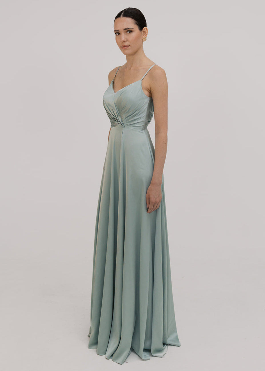 TH&TH Isla bridesmaid dress in dusty eucalyptus satin side view